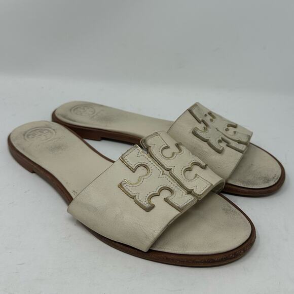 Tory Burch Ines Creme White Leather Slide Sandals Size 7.5 Logo